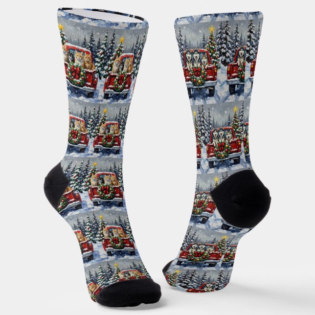 Siberian Cat Christmas Red Truck Holiday Socken (Gewinkelt)