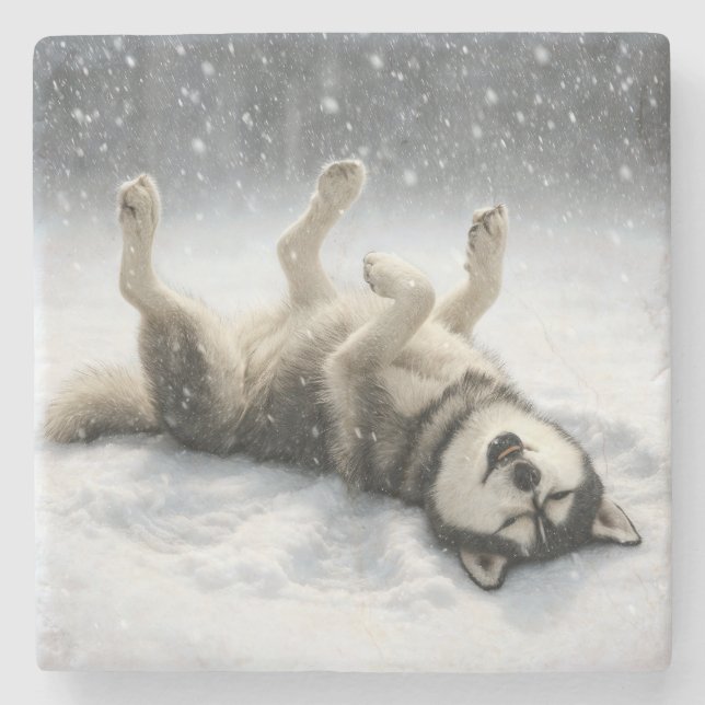 Siberian Huskey Creating a Snow Angel Steinuntersetzer (Vorderseite)