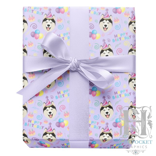 Siberian Husky Birthday Gift Wrapping Paper Purple Geschenkpapier (Von Creator hochgeladen)