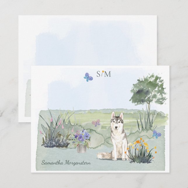 Siberian Husky Butterfly Meadow Monogram & Name Mitteilungskarte (Vorne/Hinten)