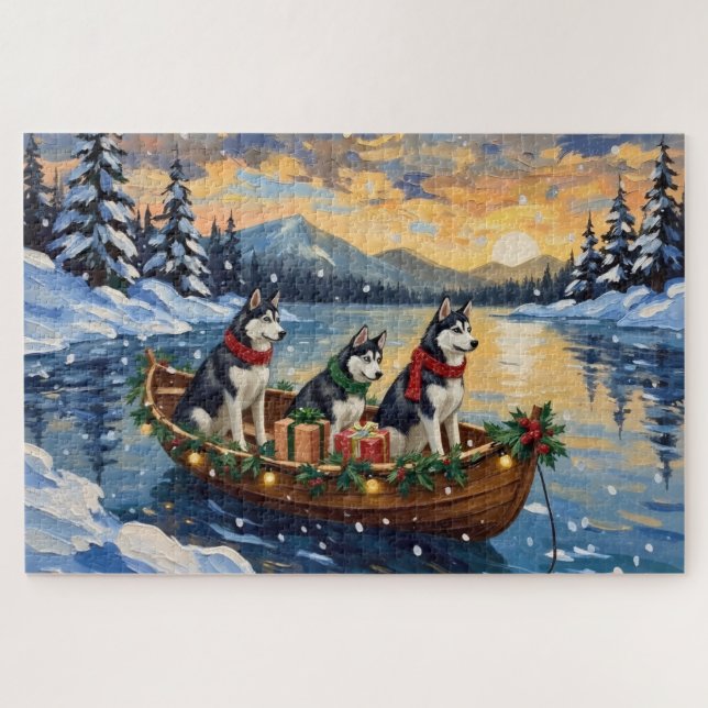 Siberian Husky Christmas Boat Holiday (Horizontal)