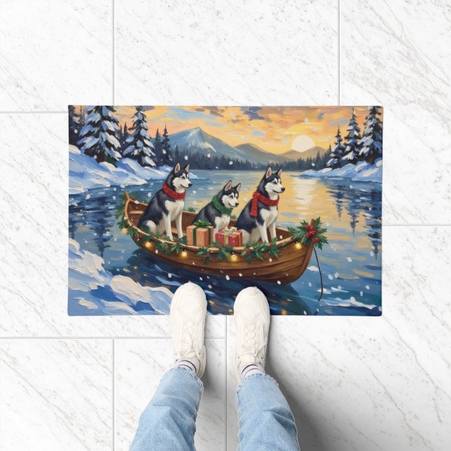 Siberian Husky Christmas Boat Holiday Fußmatte (Indoor)