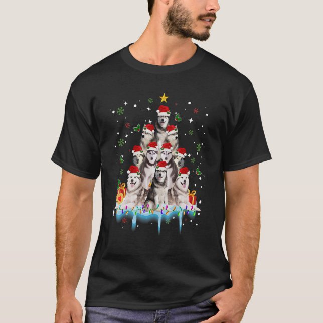 Siberian Husky Christmas Dog Tree Lights Pajamas F T-Shirt (Vorderseite)