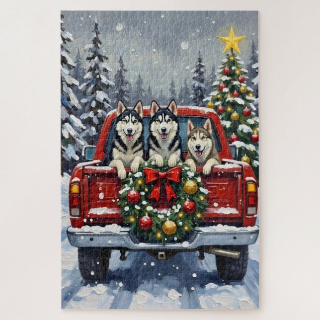 Siberian Husky Christmas Red Truck Holiday (Vertikal)