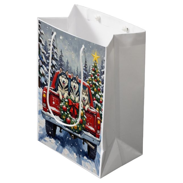 Siberian Husky Christmas Red Truck Holiday Mittlere Geschenktüte (Vorderseite Schrägansicht)