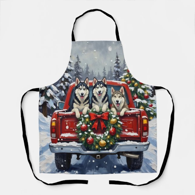 Siberian Husky Christmas Red Truck Holiday Schürze (Vorderseite)