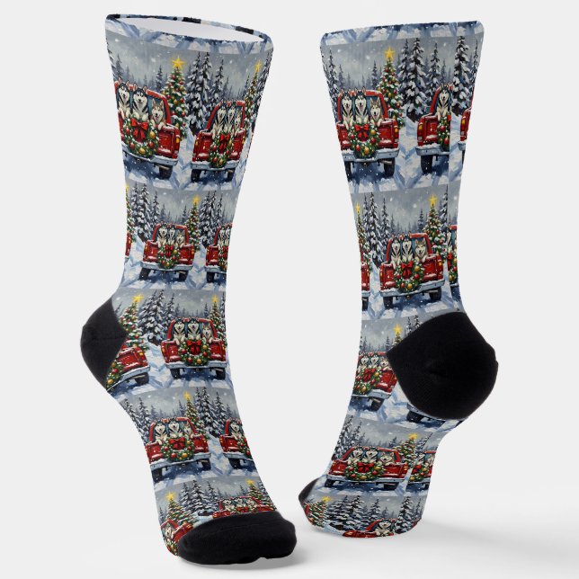 Siberian Husky Christmas Red Truck Holiday Socken (Gewinkelt)