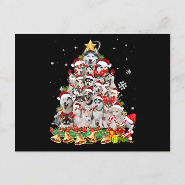 Siberian husky christmas tree lights Dog Xmas Ankündigungspostkarte (Vorderseite)