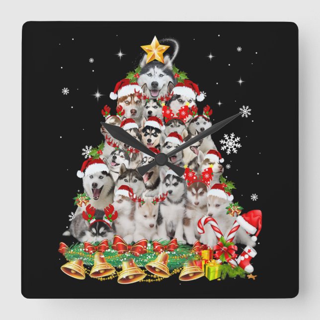 Siberian husky christmas tree lights Dog Xmas Quadratische Wanduhr (Vorderseite)