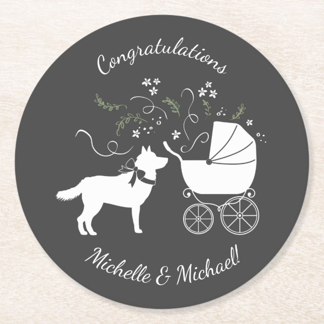 Siberian Husky Dog Baby Dusche Welpe Gray Runder Pappuntersetzer (Vorderseite)