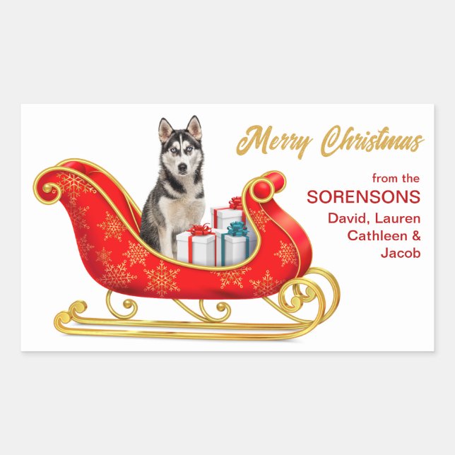 Siberian Husky Dog Christmas Sleigh Rechteckiger Aufkleber (Vorderseite)