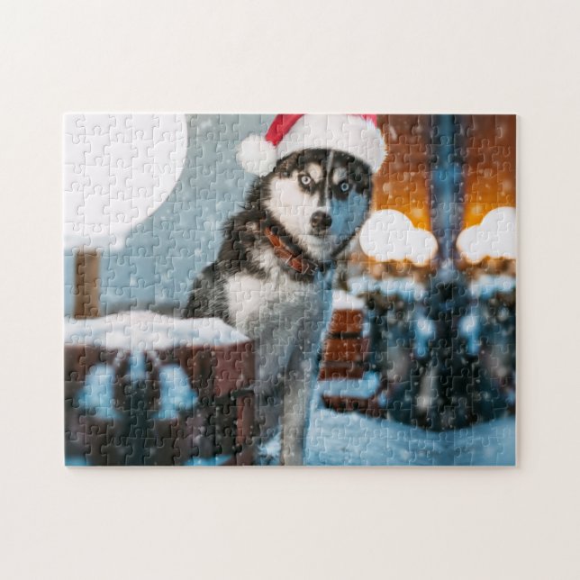 Siberian Husky dog wearing santa hat (Horizontal)