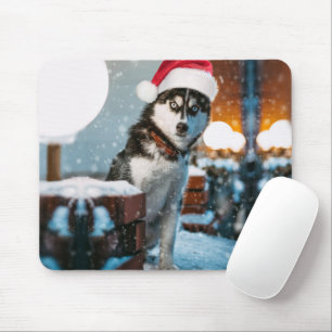 Siberian Husky dog wearing santa hat Mousepad