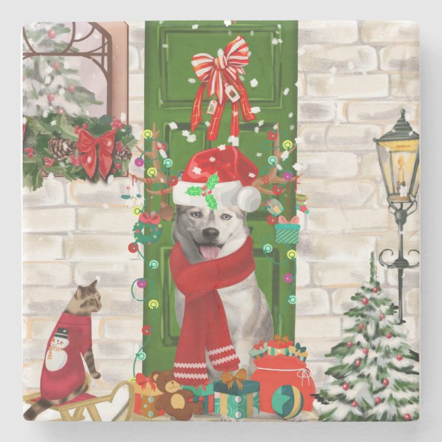 Siberian Husky Dog Weihnachten Steinuntersetzer (Vorderseite)