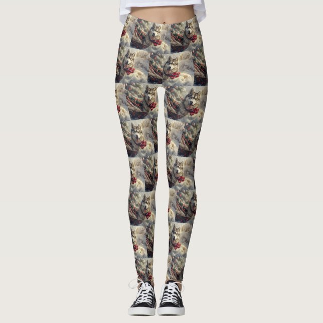 Siberian Husky Dog Weihnachtsfest Leggings (Vorderseite)
