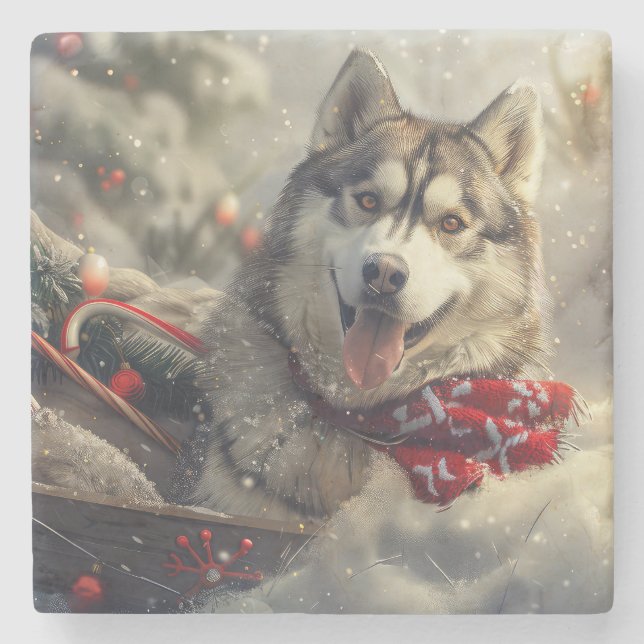 Siberian Husky Dog Weihnachtsfest Steinuntersetzer (Vorderseite)