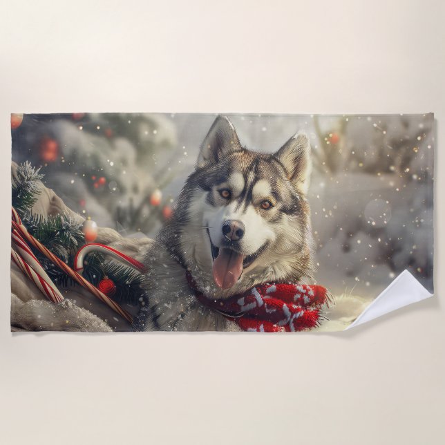 Siberian Husky Dog Weihnachtsfest Strandtuch (Vorderseite)