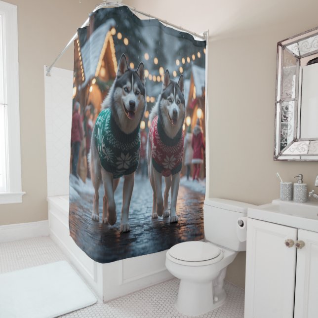 Siberian Husky Dogs Christmas Snow Holiday  Duschvorhang (Beispiel)
