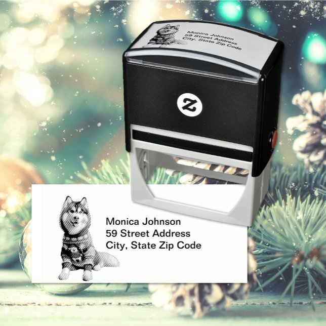 Siberian Husky Foto Rücksendeadresse Permastempel (Christmas holiday themed Siberian Husky rubber self-inking return address stamp)