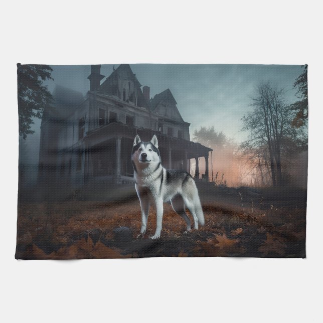 Siberian Husky Halloween Beängstigend Geschirrtuch (Horizontal)