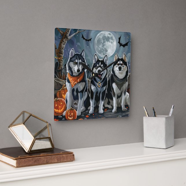 Siberian Husky Halloween Spooky Quadratische Wanduhr (Büro)