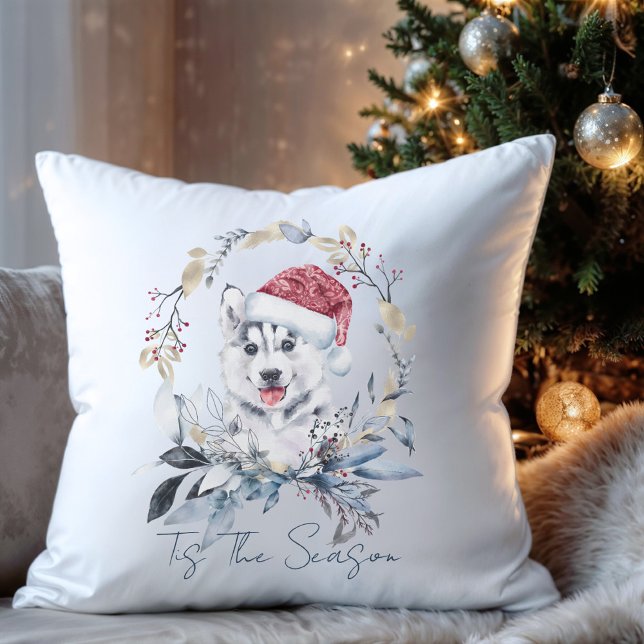 Siberian Husky Hund Weihnachtsmannmütze Wreath Hol Kissen (Von Creator hochgeladen)