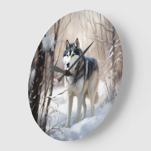 Siberian Husky Lass es Weihnachten schneejang Große Wanduhr