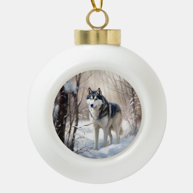 Siberian Husky Lass es Weihnachten schneejang Keramik Kugel-Ornament (Vorderseite)