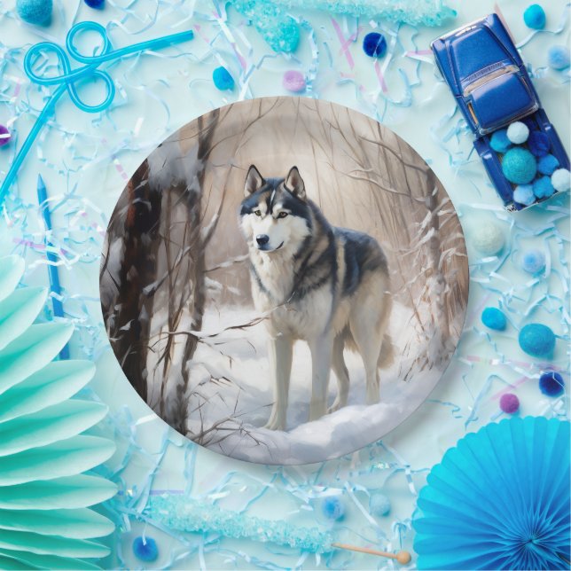 Siberian Husky Lass es Weihnachten schneejang Pappteller (Party)