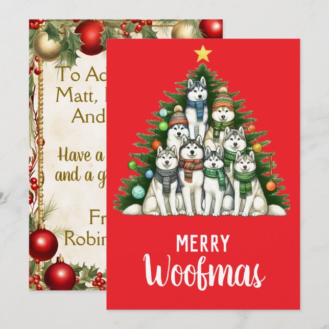 Siberian Husky Merry Woofmas Weihnachtsbaum Feiertagskarte (Vorne/Hinten)