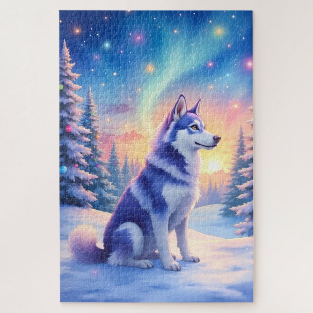 Siberian Husky Northern Lights Christmas Winter (Vertikal)
