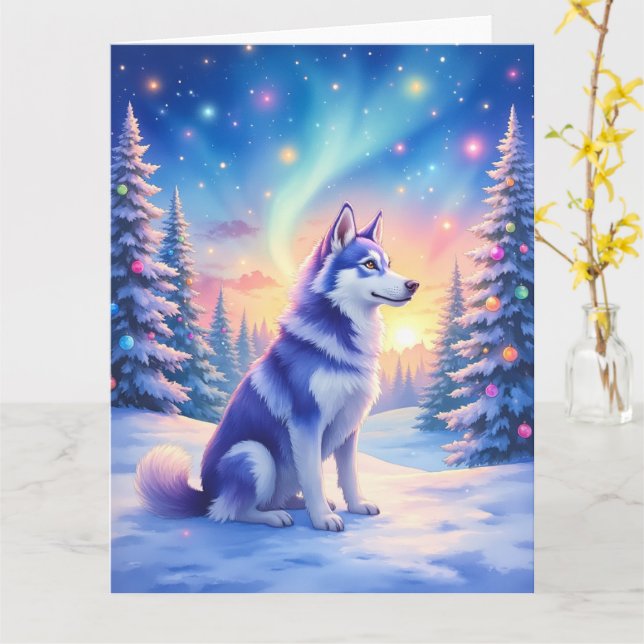 Siberian Husky Northern Lights Christmas Winter Karte (Gelbe Blume)