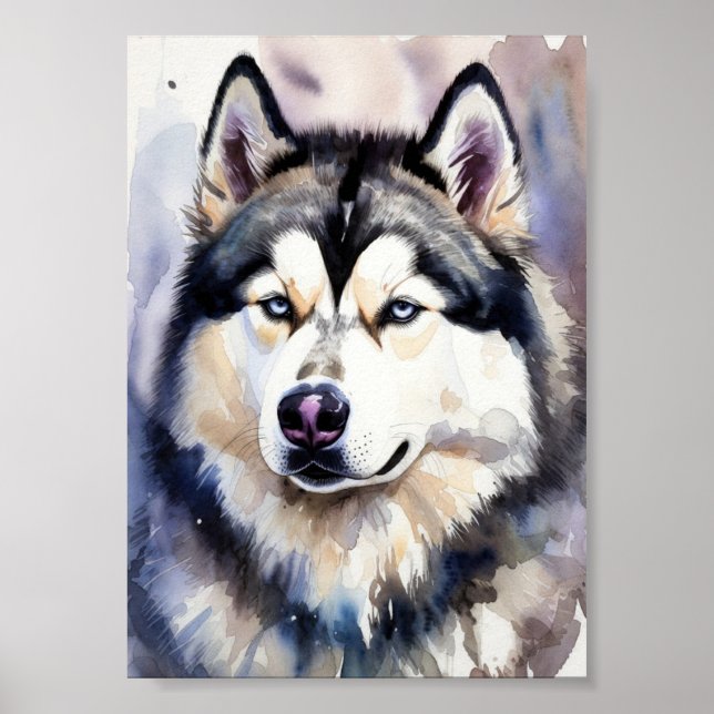 Siberian Husky Portrait Watercolor Fine Art - Blue Poster (Vorne)