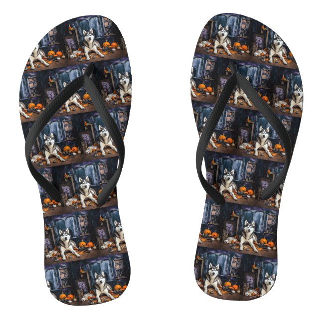 Siberian Husky Pumpkins Halloween Beängstigend Flip Flops (Fußbett)