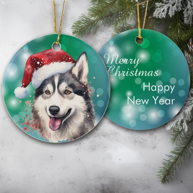 Siberian Husky Red Weihnachtsmannmütze Bokeh Weihn Keramik Ornament (Von Creator hochgeladen)