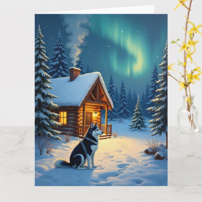 Siberian Husky Snowy Cabin Christmas Painting Karte (Gelbe Blume)