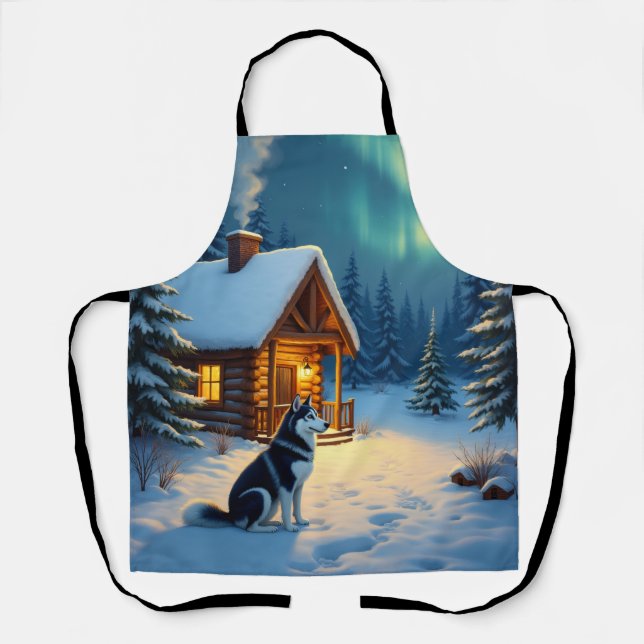 Siberian Husky Snowy Cabin Christmas Painting Schürze (Vorderseite)