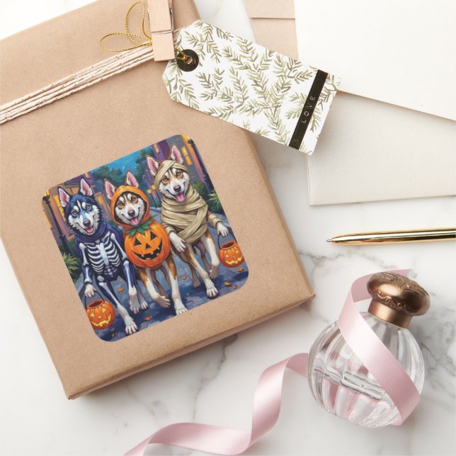 Siberian Husky Trick-or-Treating Halloween Costume Quadratischer Aufkleber (Schenken)