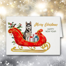 Sibérie Husky Dog Christmas Sleigh Carte de vacanc