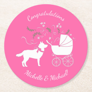 Siberische Husky Hund Baby Dusche Puppy Pink Girl Runder Pappuntersetzer