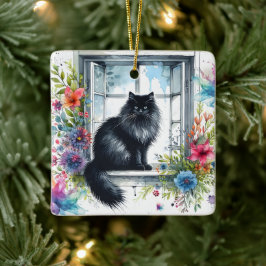 Siberische Katze auf Fenster mit Aquarellbildern Keramikornament