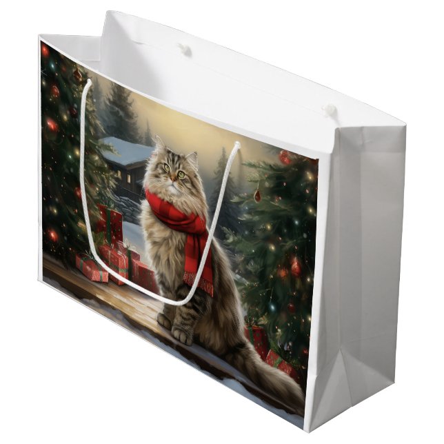 Siberische Katze im Schnee Weihnachten Große Geschenktüte (Vorderseite Schrägansicht)