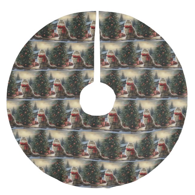 Siberische Katze im Schnee Weihnachten Polyester Weihnachtsbaumdecke (Vorderseite)