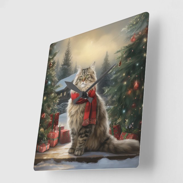 Siberische Katze im Schnee Weihnachten Quadratische Wanduhr (Winkel)