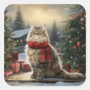 Siberische Katze im Schnee Weihnachten Quadratischer Aufkleber