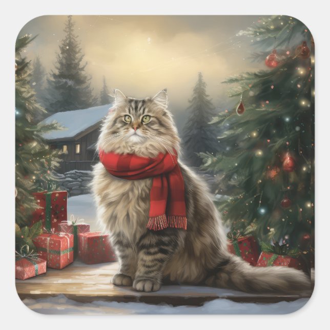Siberische Katze im Schnee Weihnachten Quadratischer Aufkleber (Vorderseite)