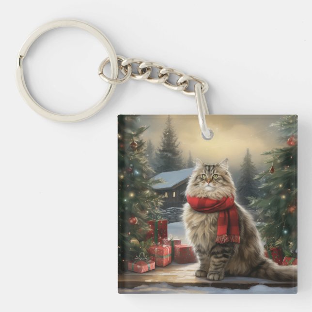 Siberische Katze im Schnee Weihnachten Schlüsselanhänger (Vorderseite)