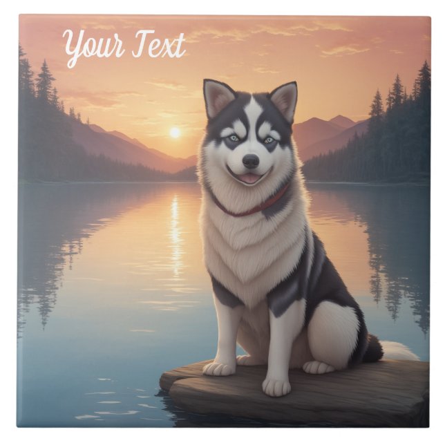 Siberischer Husky am See Fliese (Vorderseite)