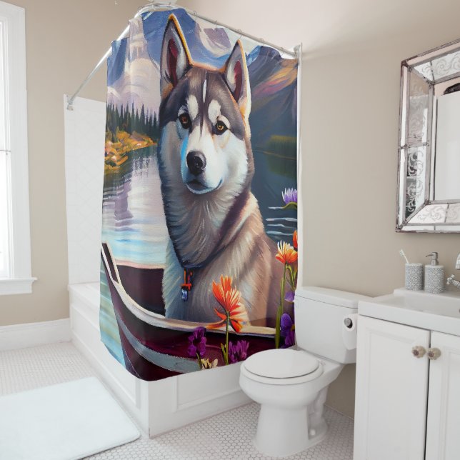 Siberischer Husky auf dem Paddel: Ein Landschaftli Duschvorhang (Beispiel)