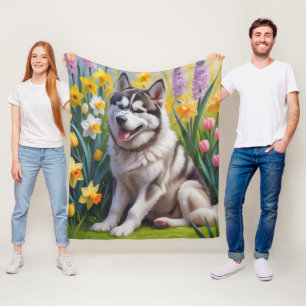 Siberischer Husky Dog Frühlingsblumen Malerei Fleecedecke